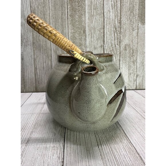 Vnt Japanesse Teapot with Lid Painted Olive/Brown 5.5"x 5.5" Wicker Handle - Picture 2 of 9